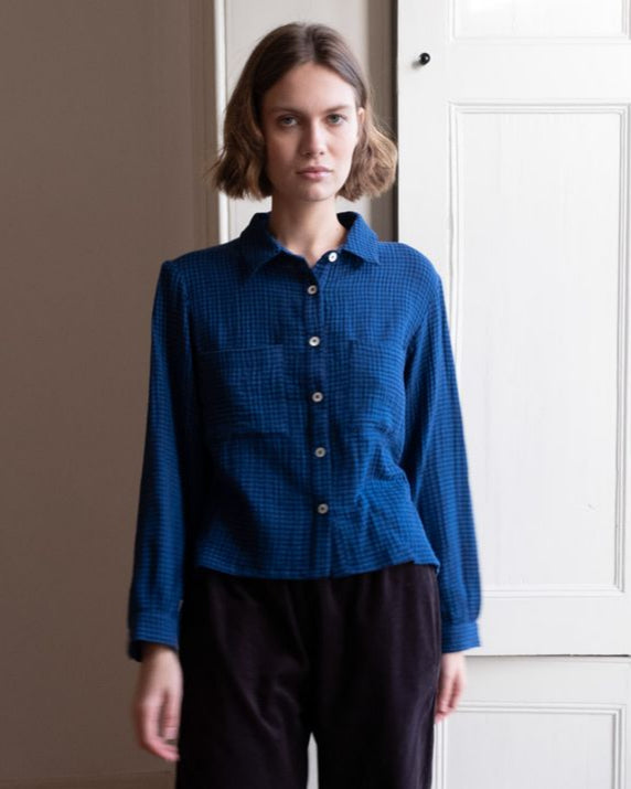 BIBICO Ada Cropped Blouse in Petrol Check