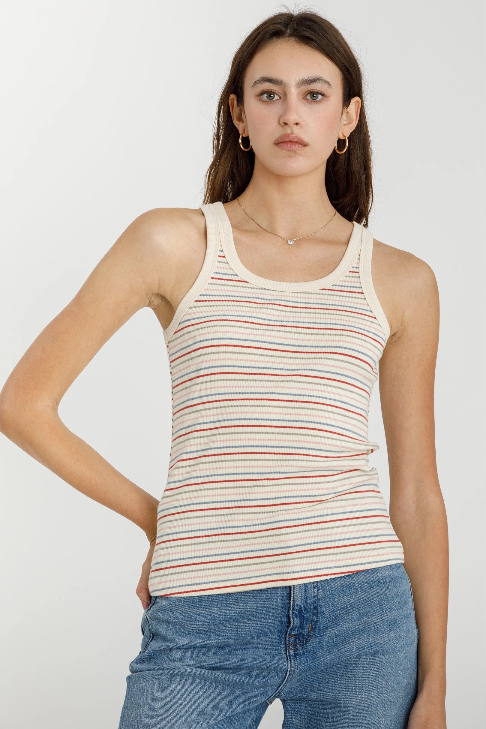 NYLAND Beverly Ribbed Multi Striped Tank Top Red Multi