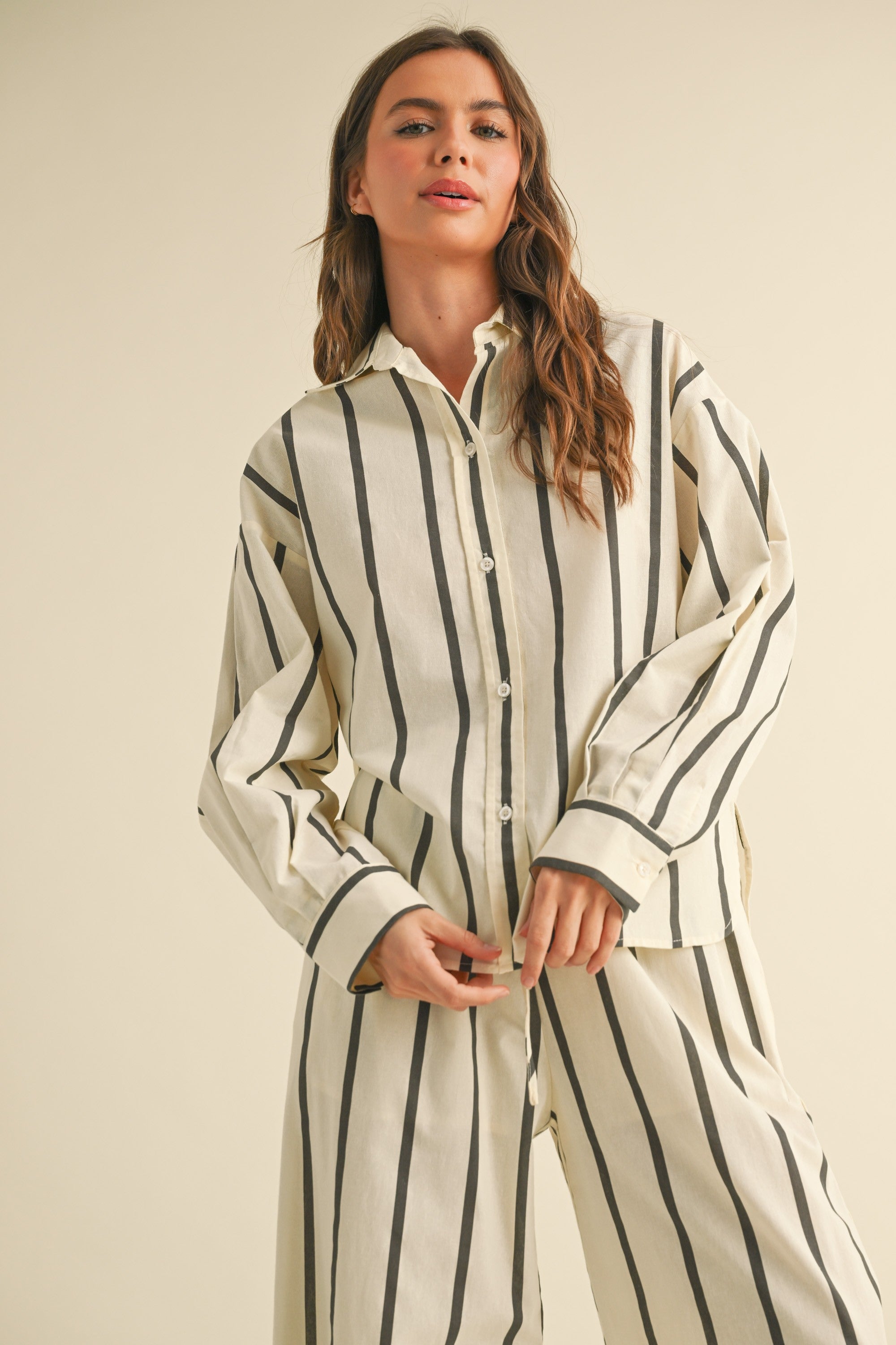 NYLAND Myra Striped Button Down Linen Shirt Black