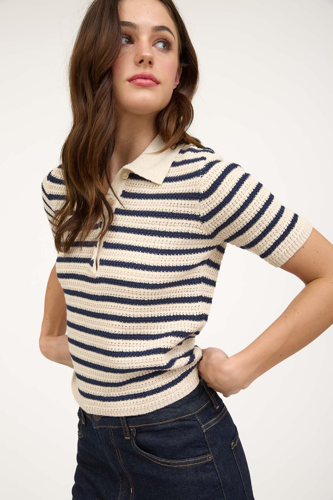 Gild Mireille Stripe Collared Short Sleeve Polo Sweater Top