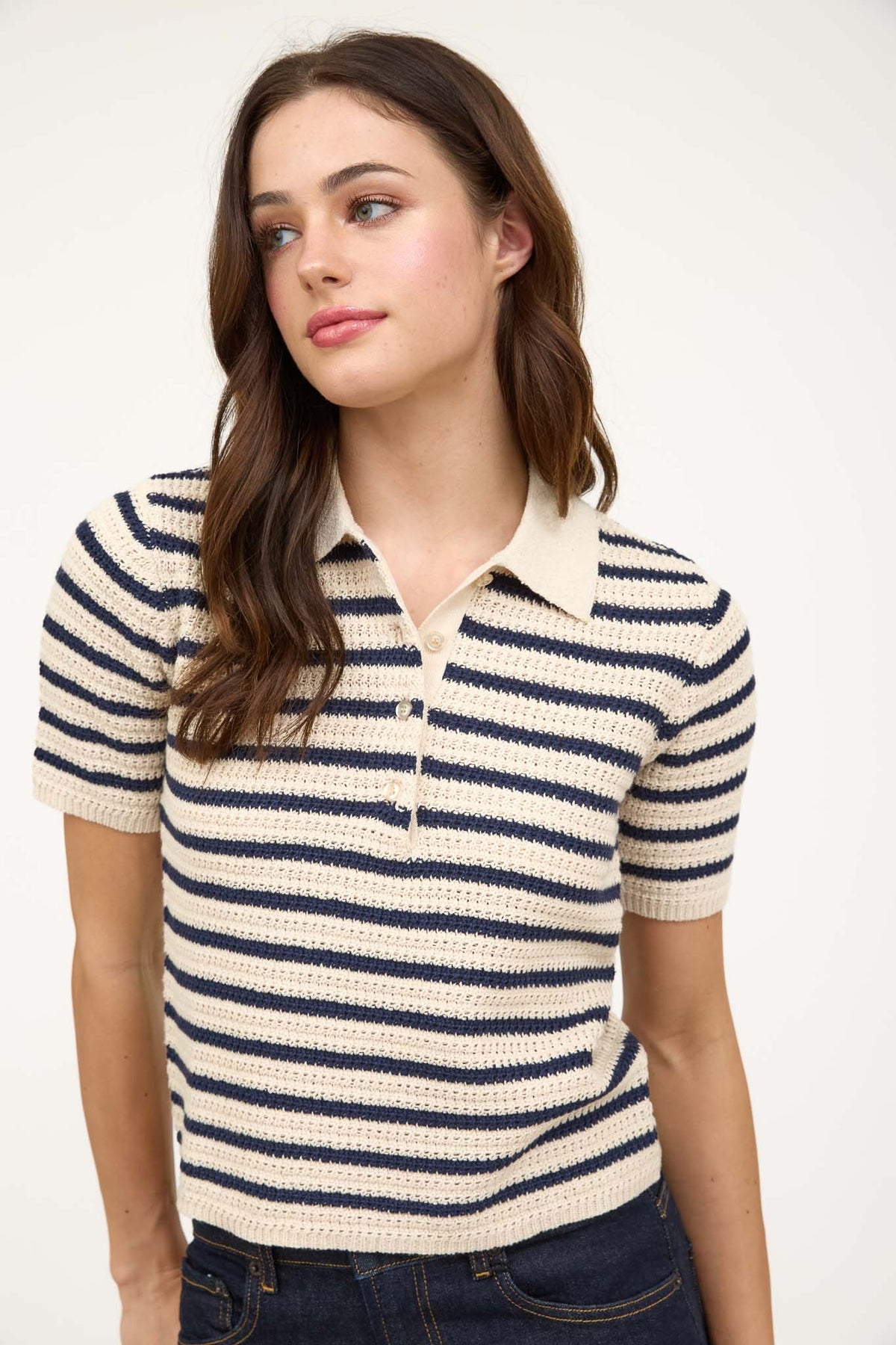 Gild Mireille Stripe Collared Short Sleeve Polo Sweater Top