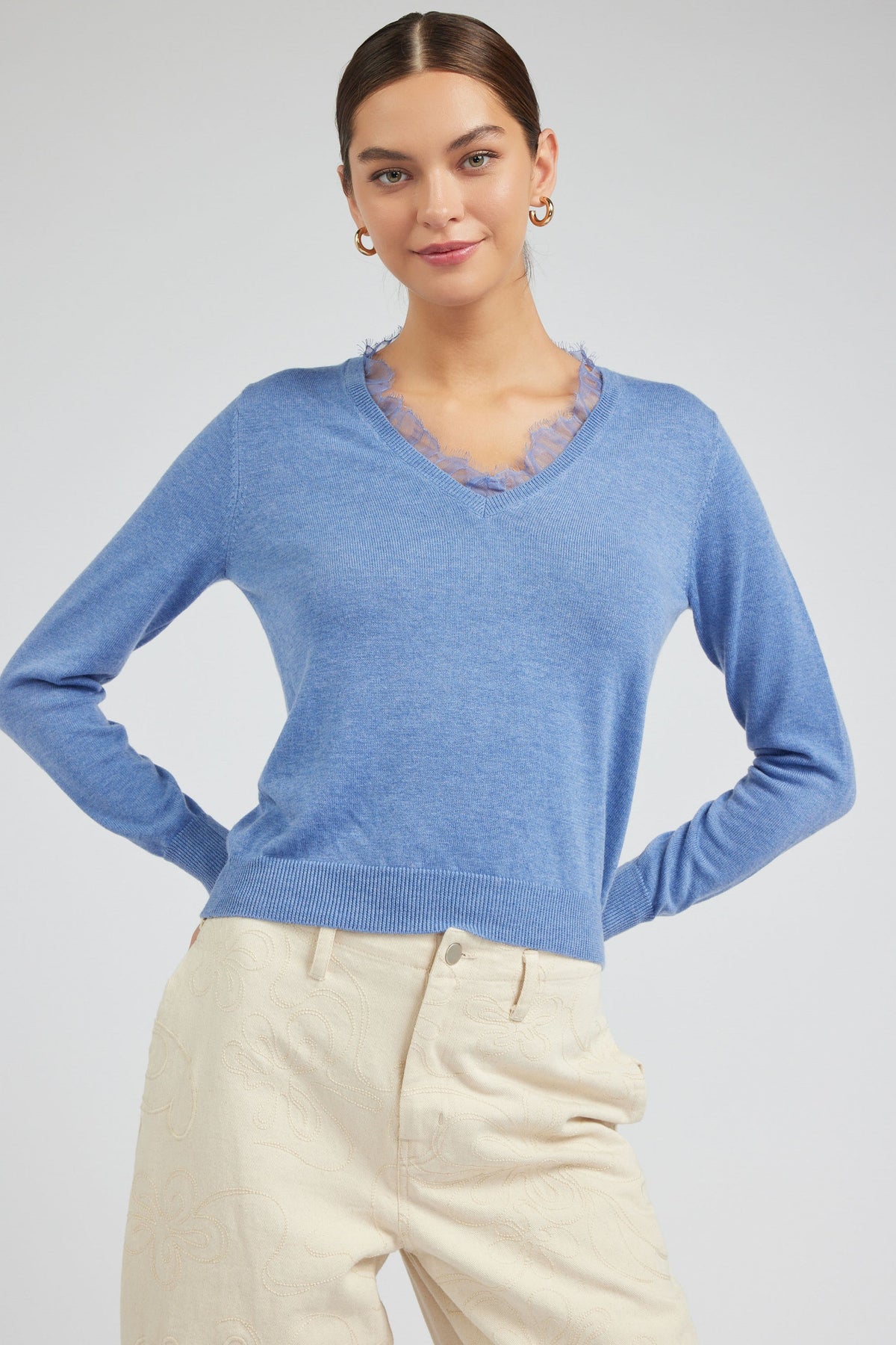 NYLAND Aspen V-Neck Lace Detail Sweater Soft Blue