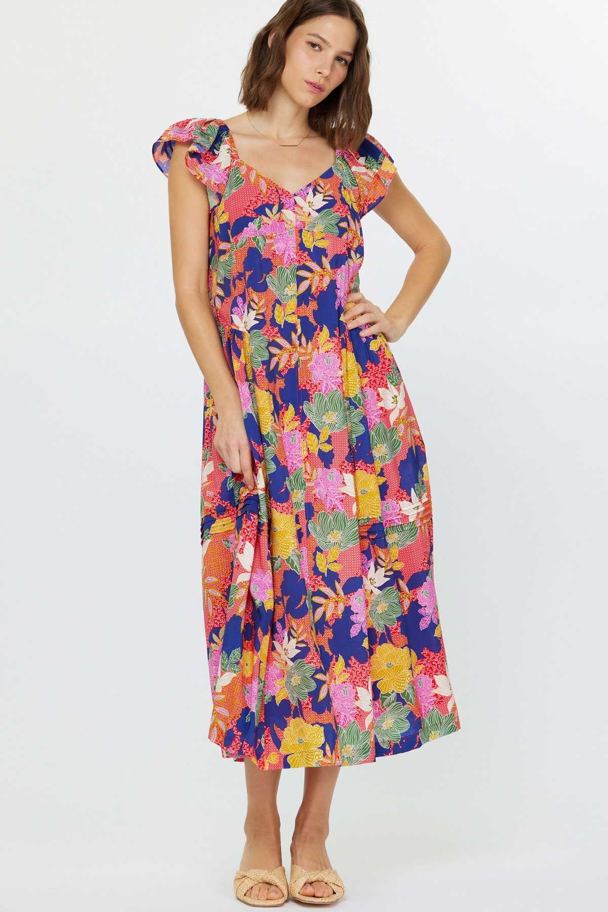 Gild Brielle Floral Printed Flutter Sleeve Midi Dress