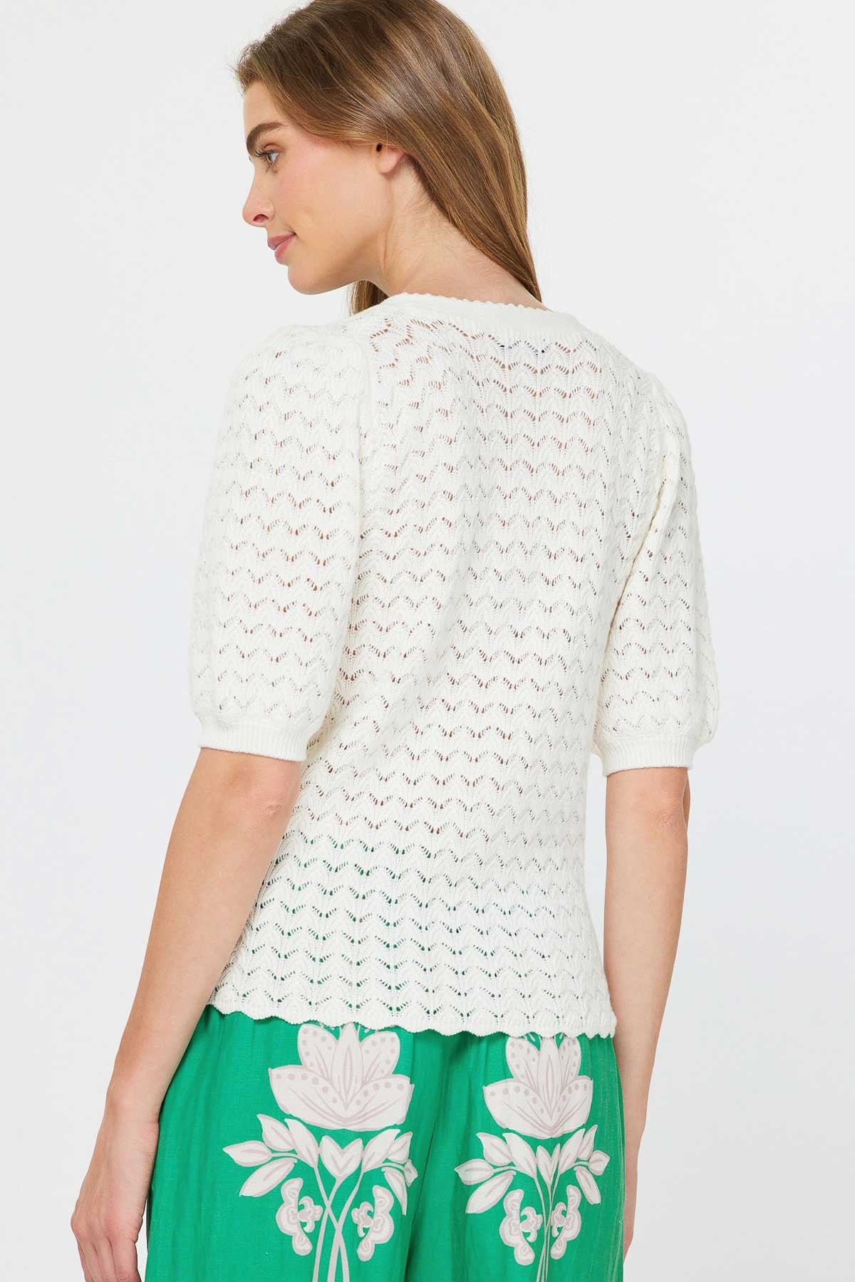 NYLAND Josette V-Neck Scalloped Cardigan Sweater