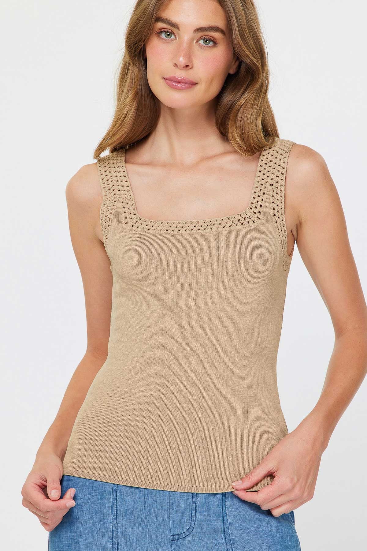 NYLAND Monet Square Neck Sweater Tank Top w/ Crochet Detail Khaki