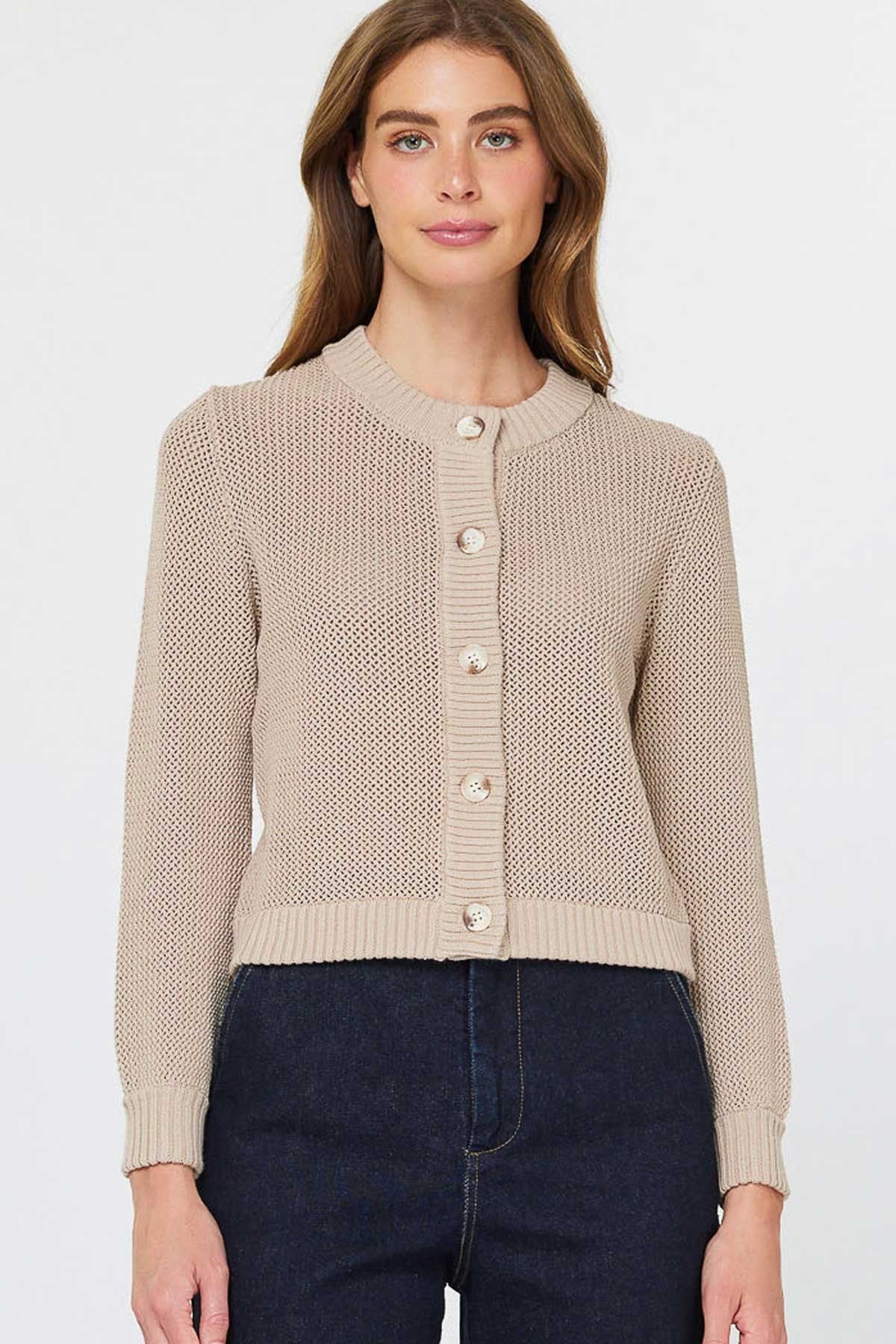 NYLAND Evaine Long Sleeve 5-Button Cardigan Taupe