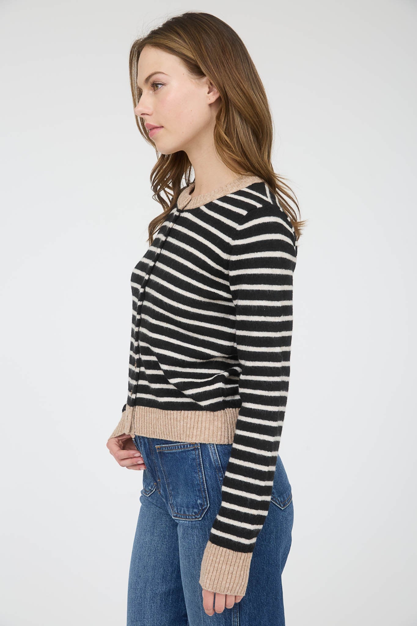NYLAND Eisley Stripe Colorblock Trim Knit Cardigan in Black