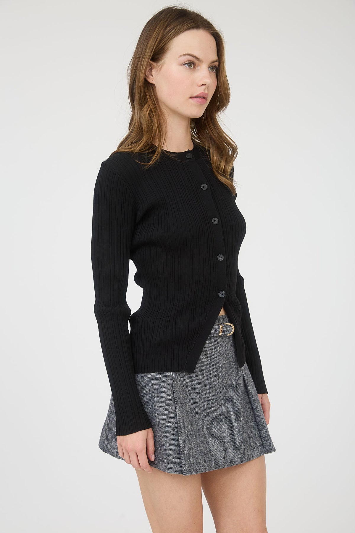 NYLAND Lockie Stripe Knit Pattern Button Down Split Hem Cardigan