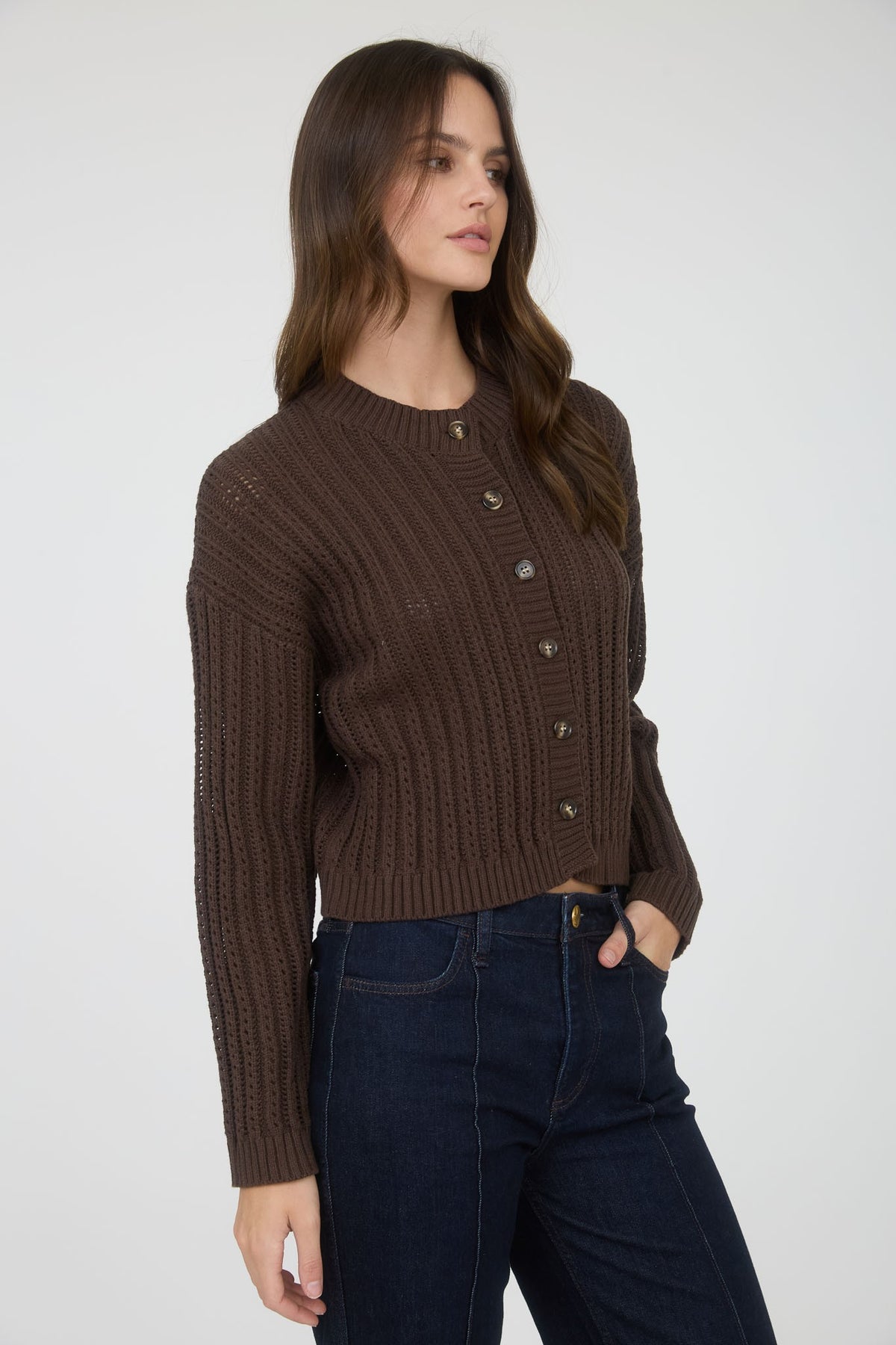 NYLAND Lugenia Round Neck Button Down Sheer Cable Knit Cardigan