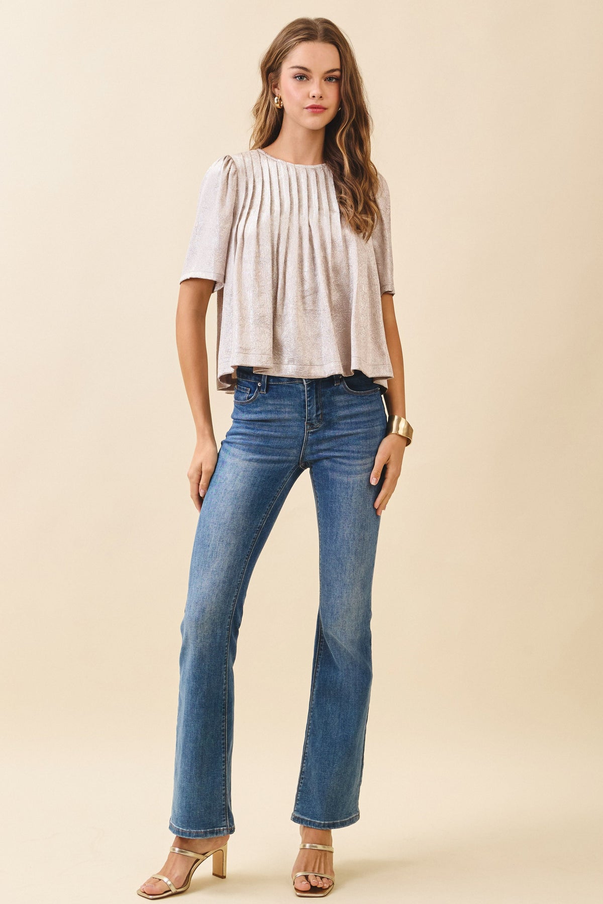 Nyland Shivani Pleated Detail Round Neck Short Metallic Top