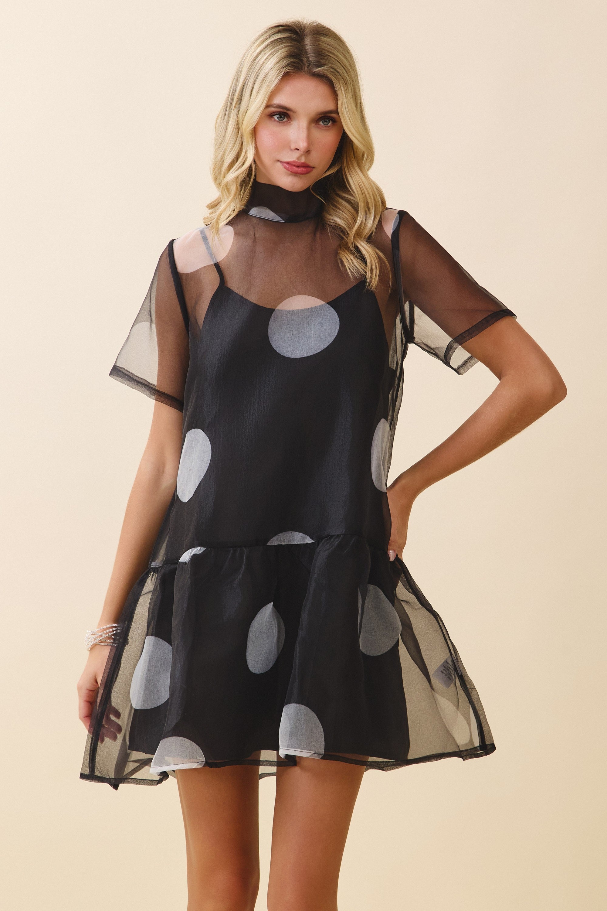 Nyland Giada Sheer Polka Dot High Neckline Self Bow Tie Dress