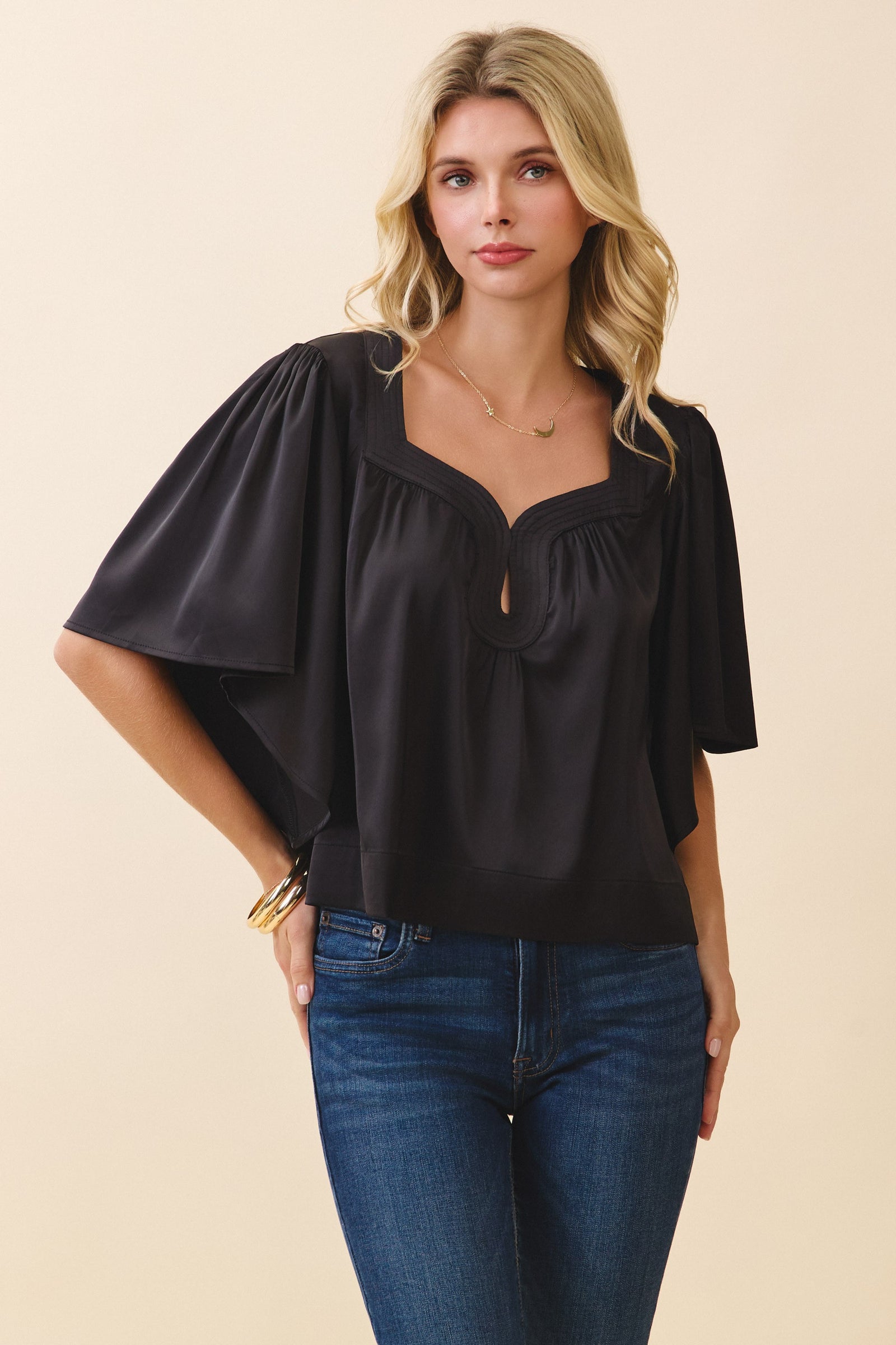 Nyland Magnolia Wide Notched Neck Draped Sleeves Top