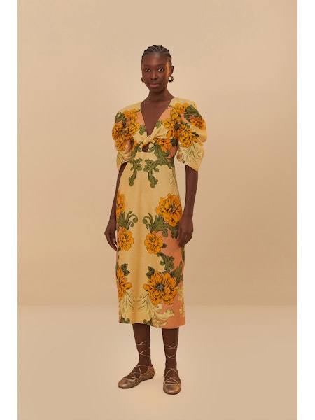 Farm Rio Delicate Flower Arabesques Short Sleeve Midi Dress