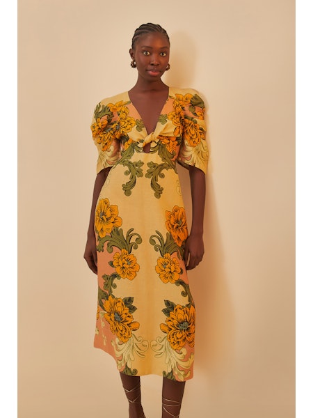 Farm Rio Delicate Flower Arabesques Short Sleeve Midi Dress