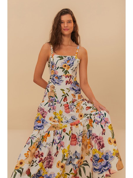 Farm Rio Greek Garden Off White Sleeveless Maxi Dress