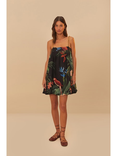 Farm Rio Midnight Macaw Fiesta Black Sleeveless Mini Dress