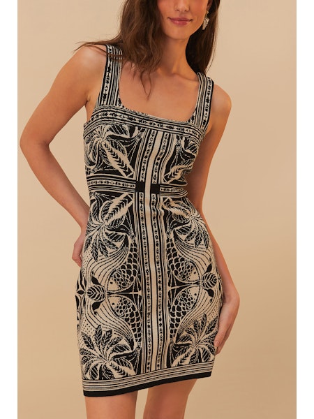 Farm Rio Monochrome Elegance Scarf Off-White Knit Mini Dress