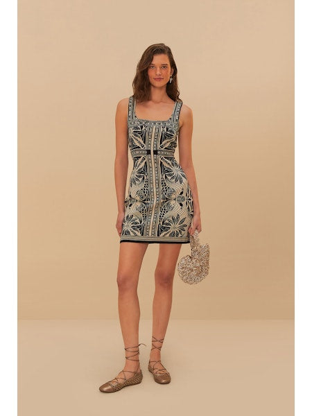 Farm Rio Monochrome Elegance Scarf Off-White Knit Mini Dress