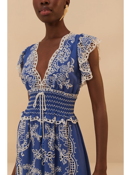 Farm Rio Romantic Richelieu Blue Maxi Dress