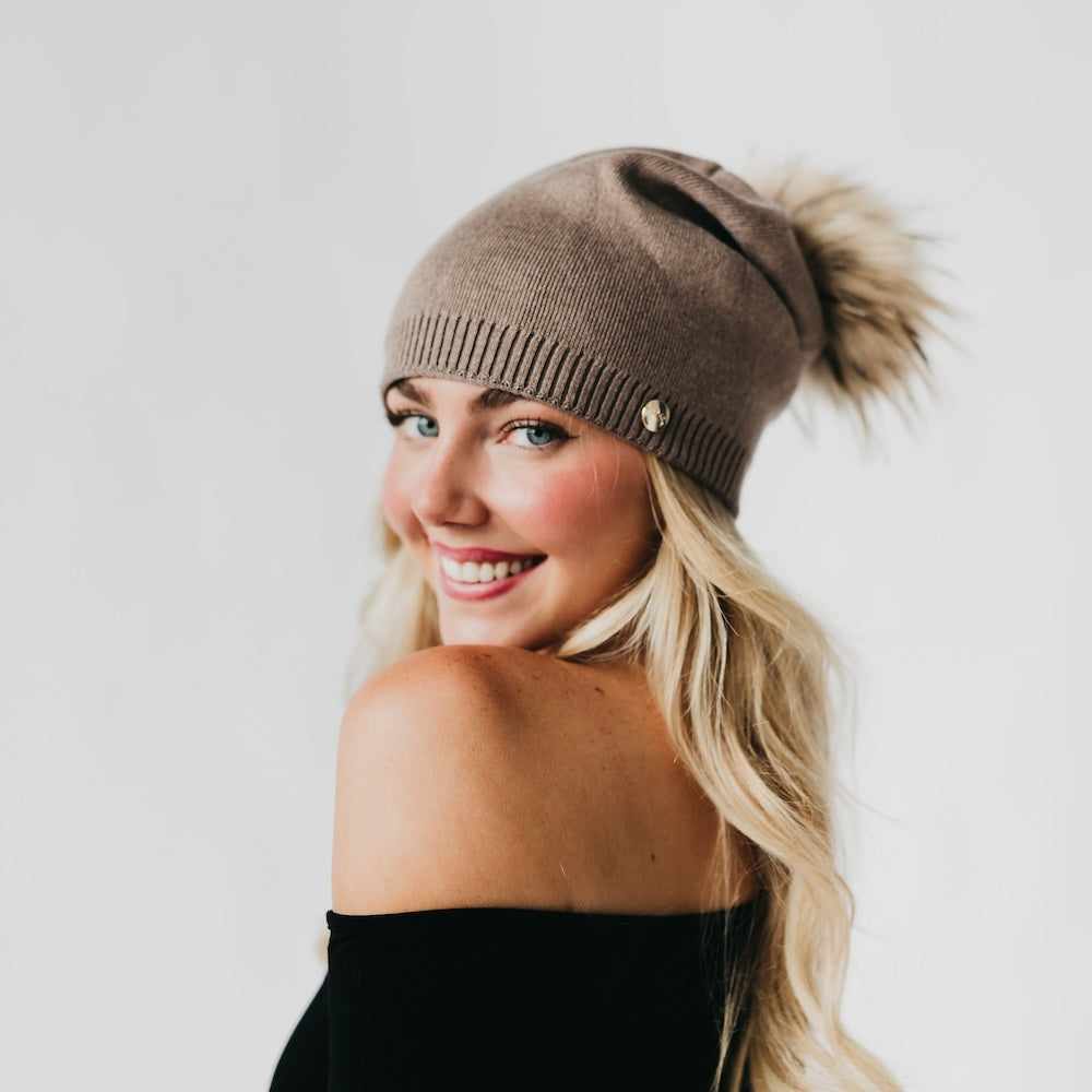 Pretty Simple Fine Knit Fur Pom Slouchy Beanie in Mocha