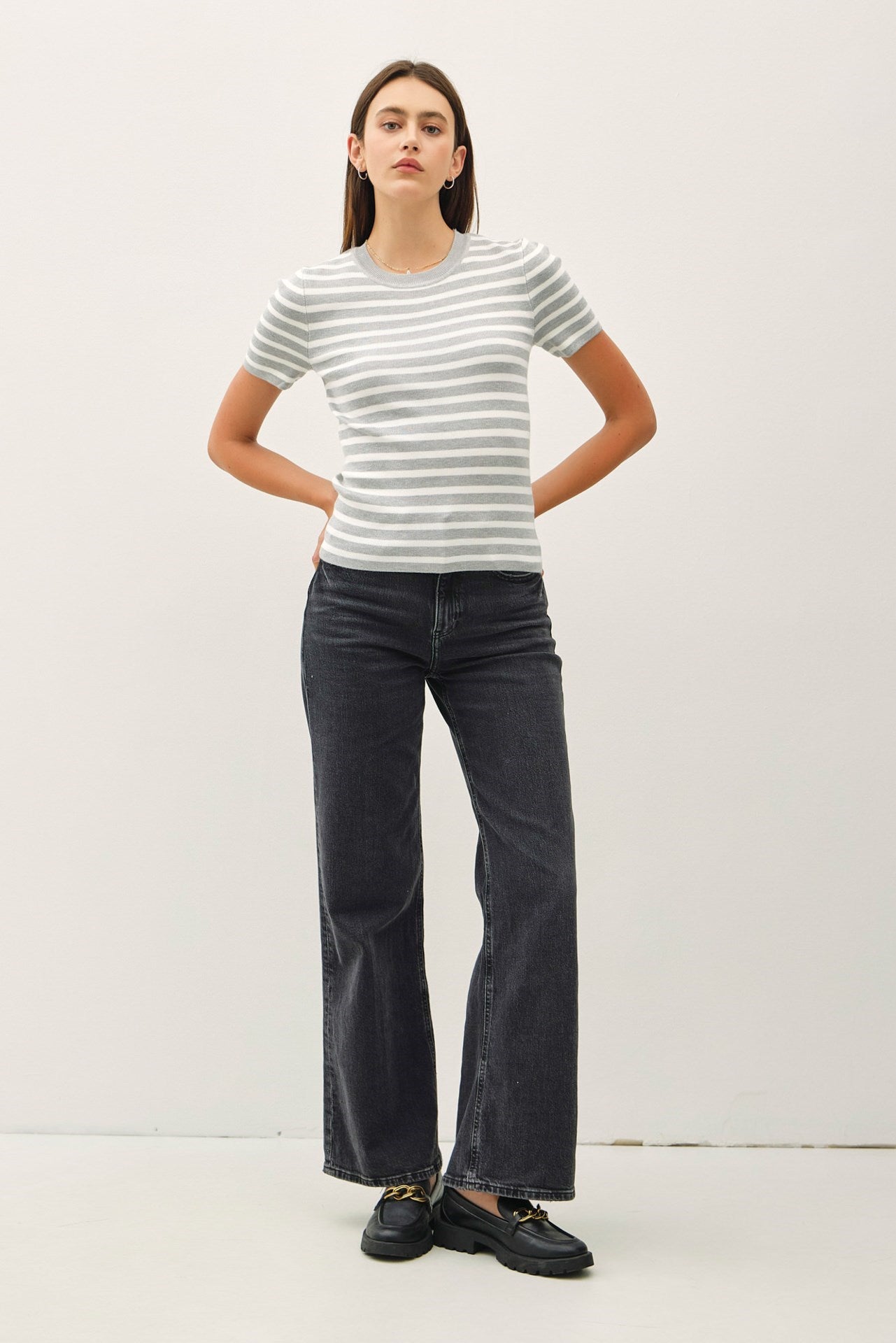 NYLAND Beth Ultra Soft S/S Striped Sweater Top Heather Grey