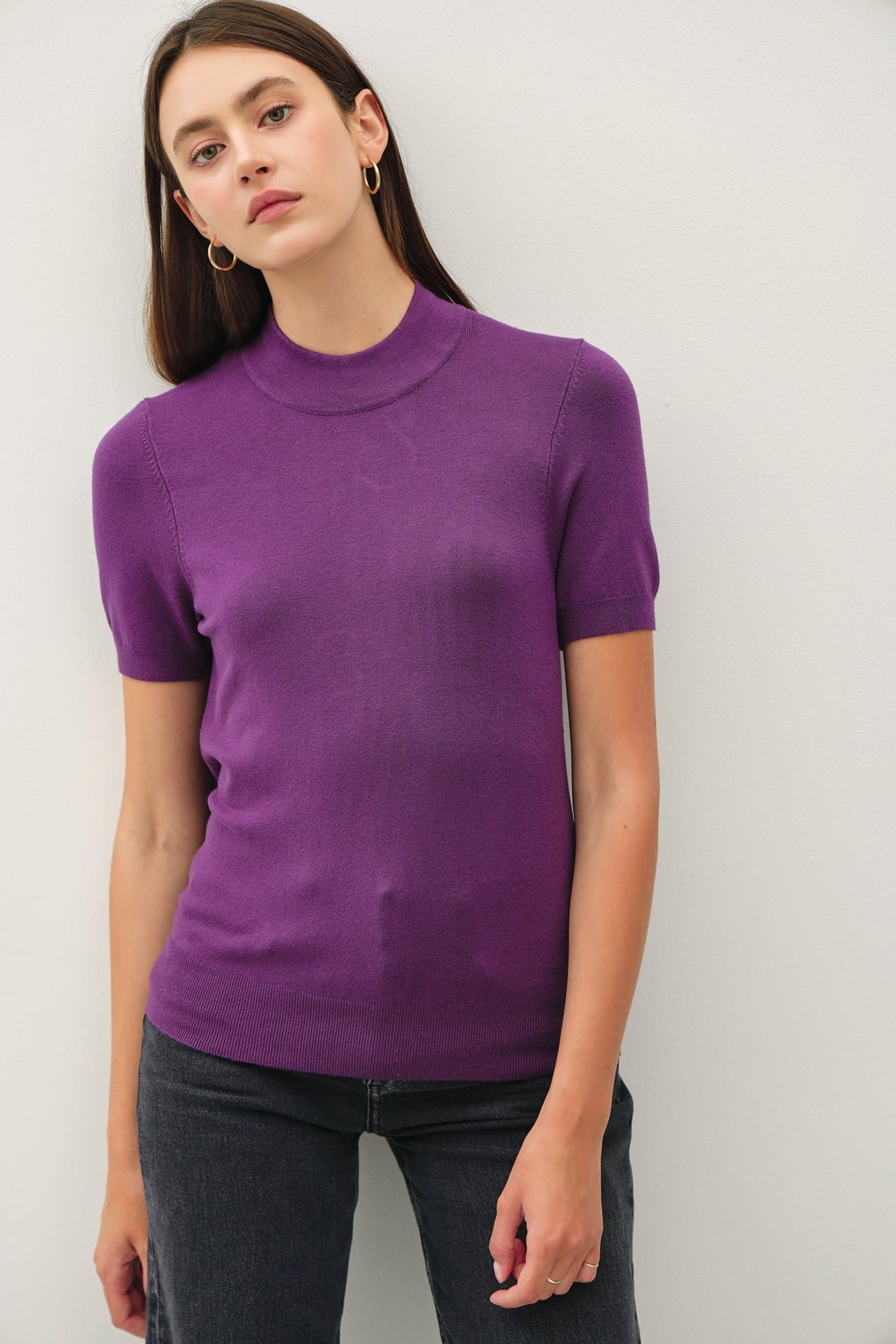 NYLAND Phillis SS Mockneck Knit Sweater Top Grape