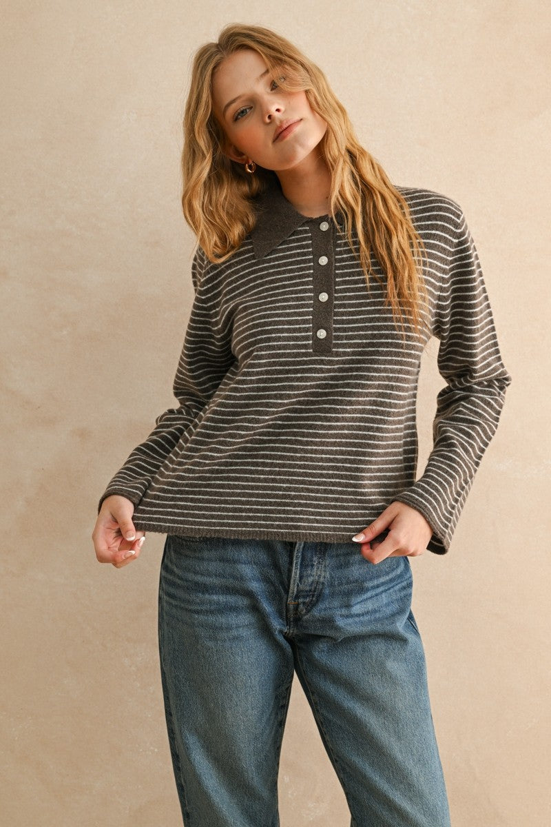 NYLAND Striped LS w/ Collar Knit Top