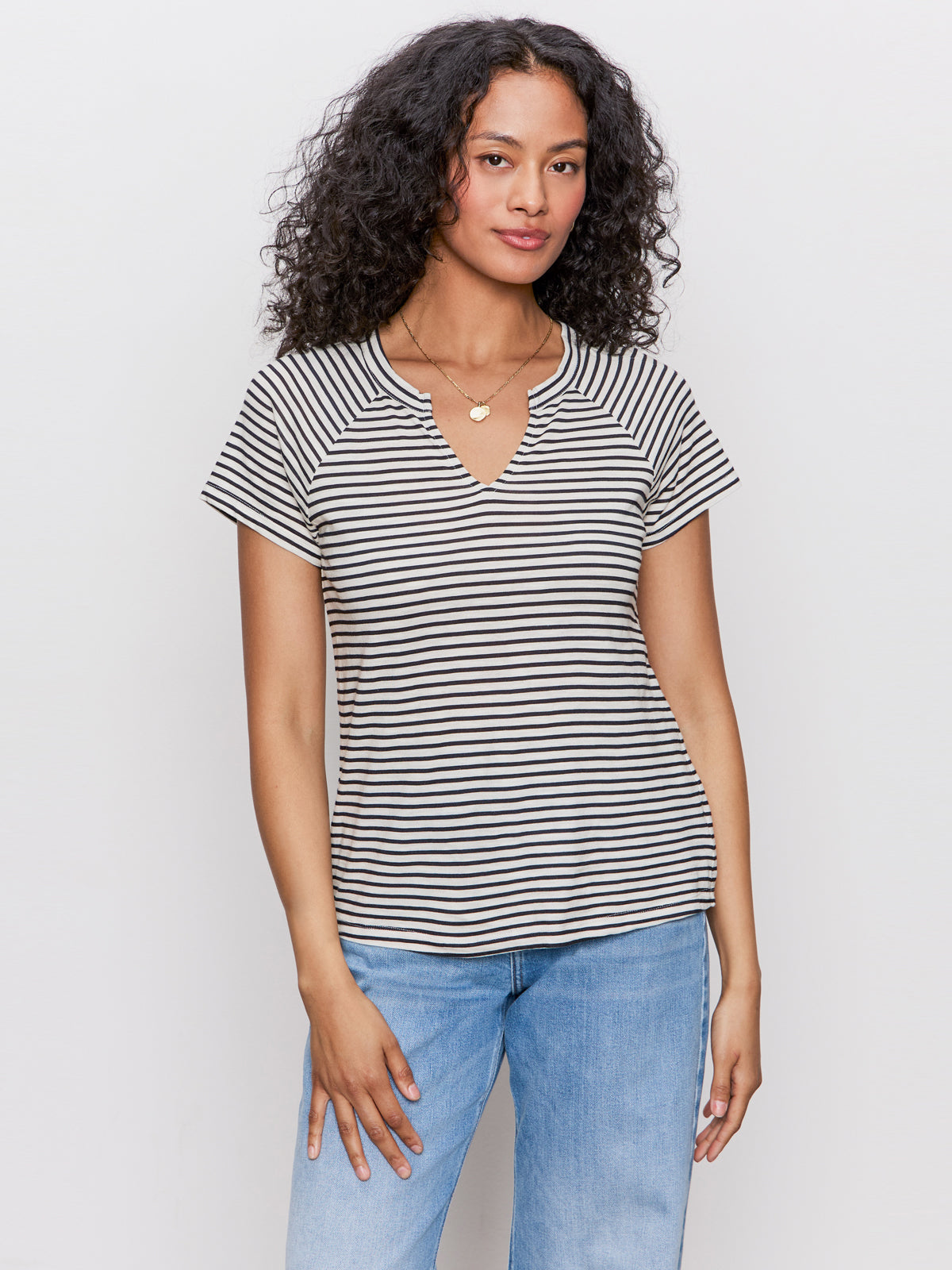 Sanctuary Notch Neck Tee Light Oak Black Stripe