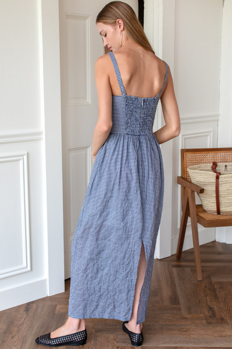 EMERSON FRY Jour Maxi Dress in Navy Gingham