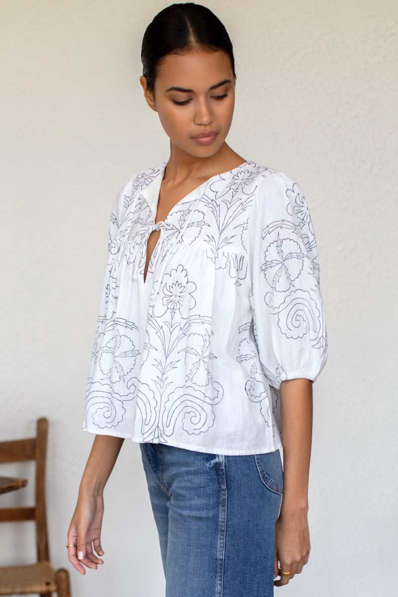 EMERSON FRY Puff Isla Top in Maeve Outline Indigo