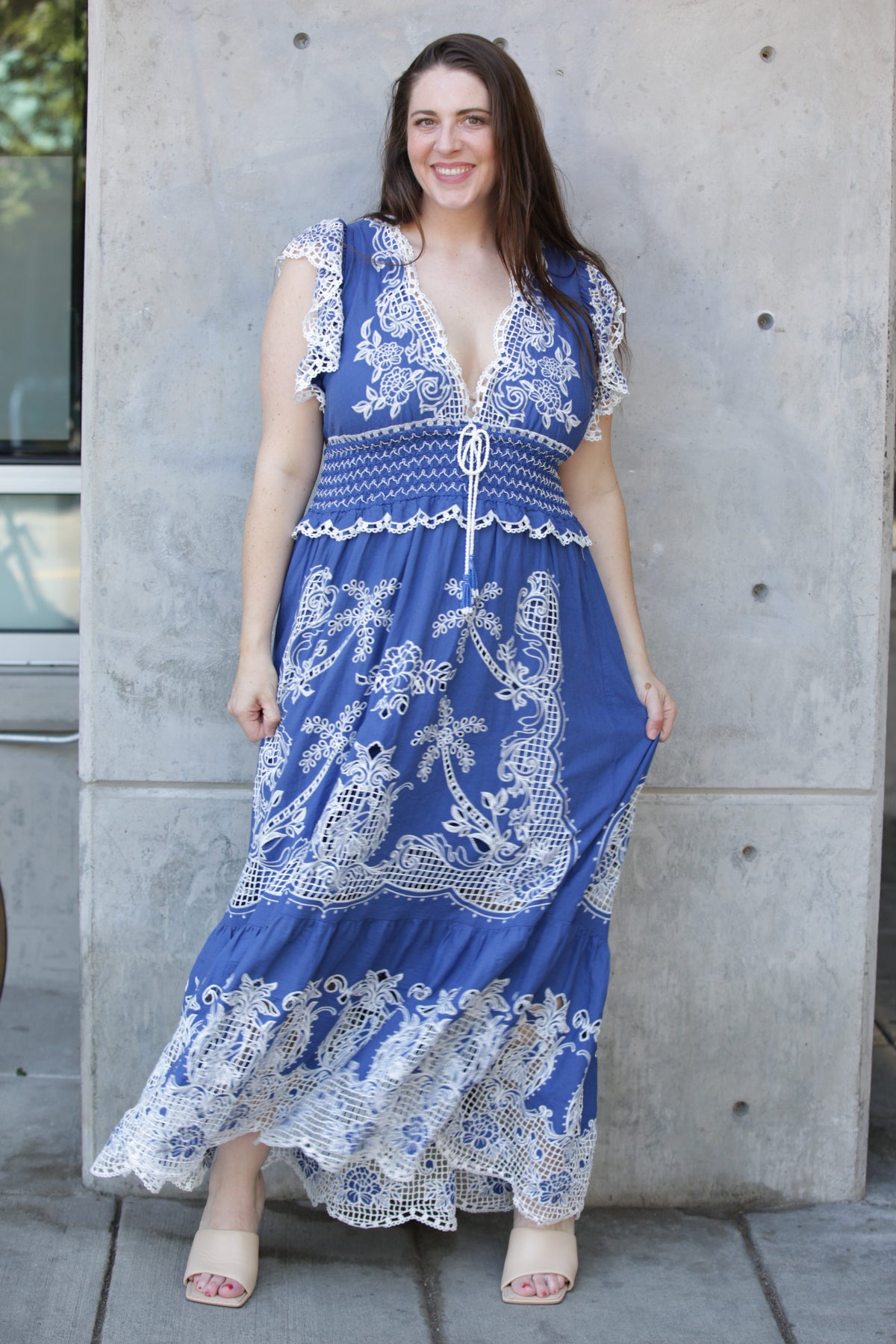 Farm Rio Romantic Richelieu Blue Maxi Dress
