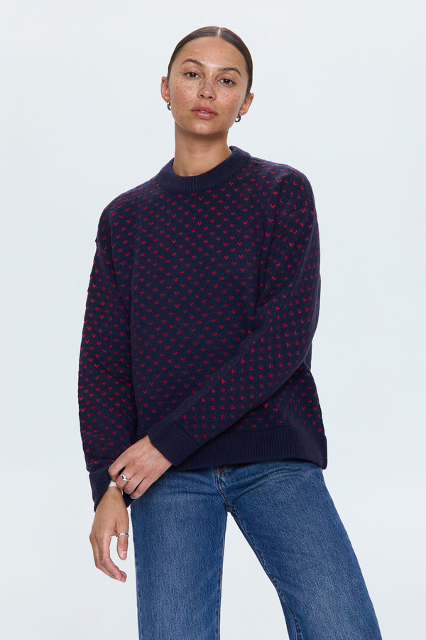 PISTOLA Hanna Oversized Heart Sweater in Navy Red Hearts