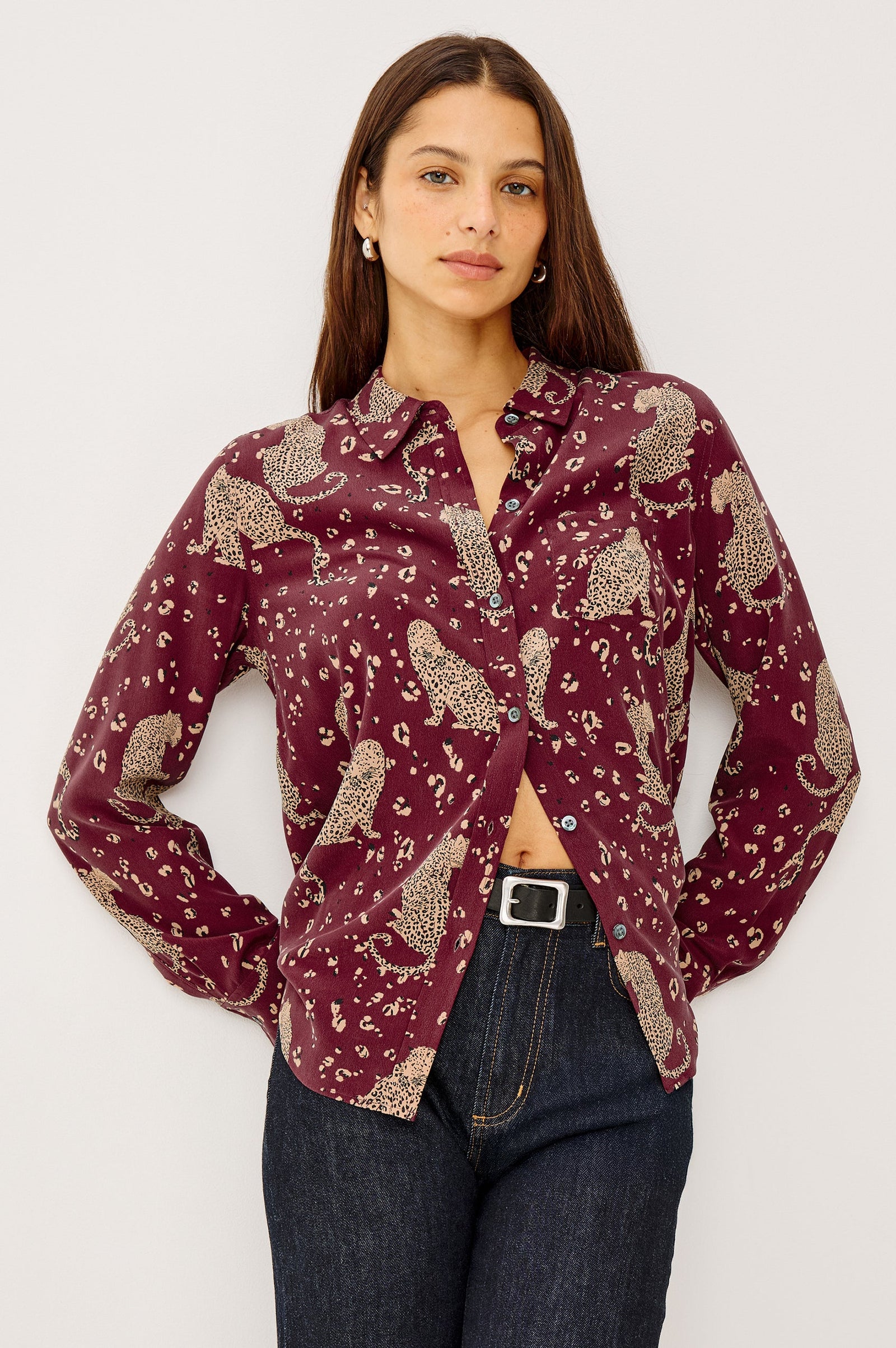Rails Kate Silk Button Down in Oxblood Leopard