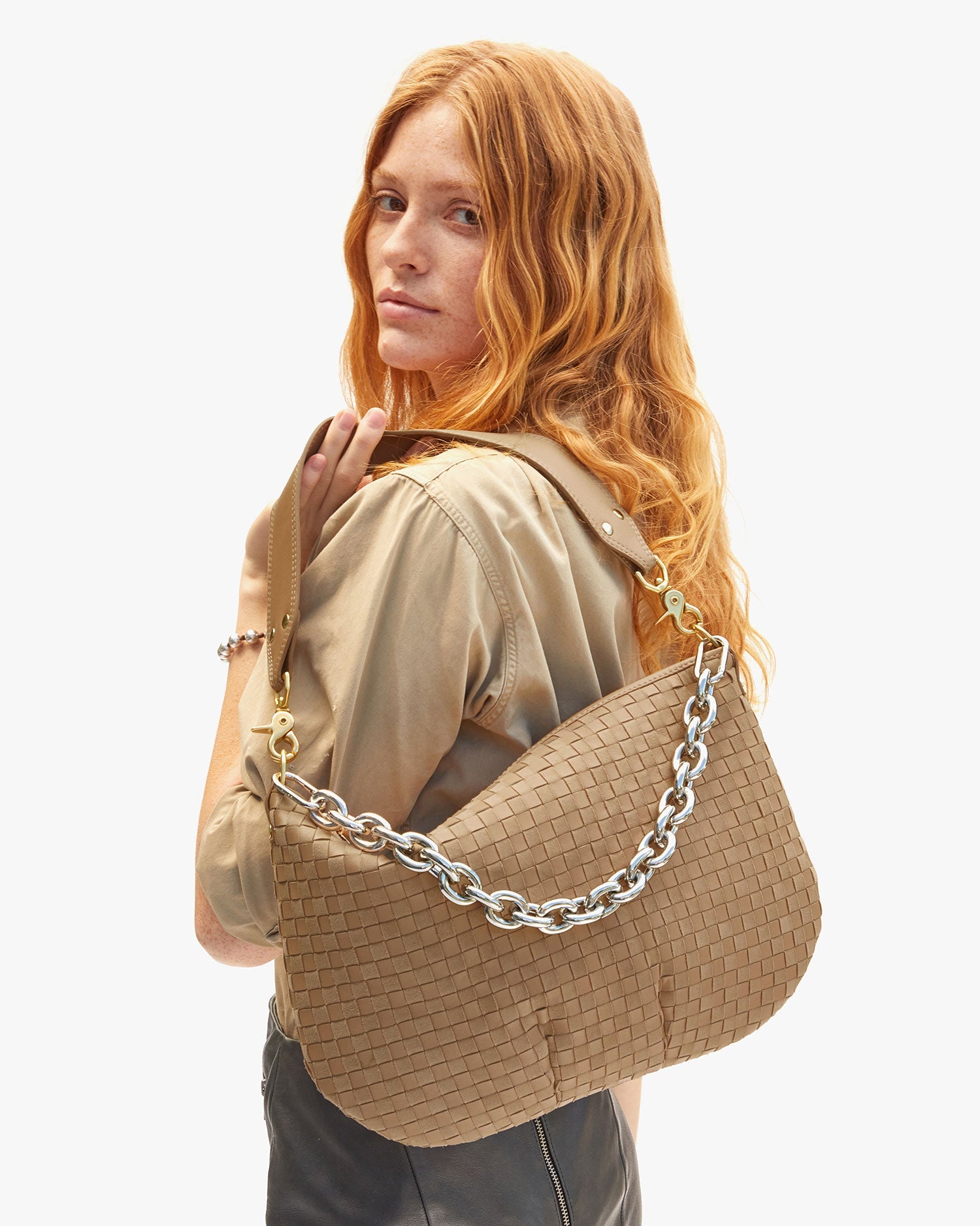 Clare V. Moyen Messenger Clay Nappa & Suede Woven Checker