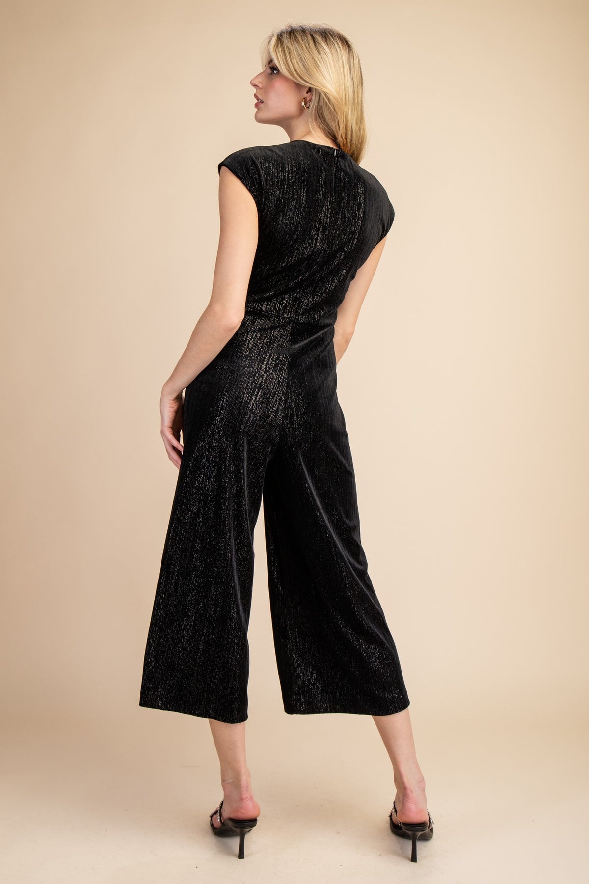 NYLAND Claudine Round Neck Waist Pleats Velvet Jumpsuit Black