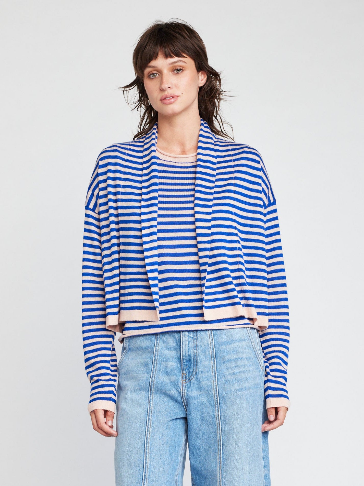 Self Contrast Octavia Open Shawl Cardigan Pink Sapphire Stripes