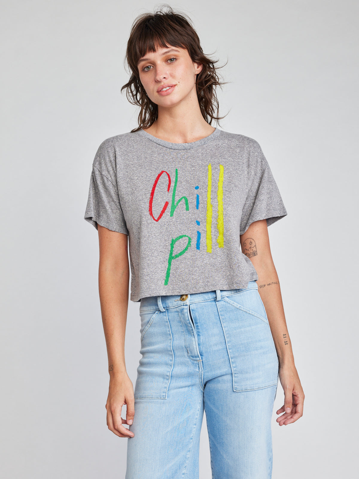 Self Contrast Drew Crop T-Shirt in Chill Pill Heather Grey