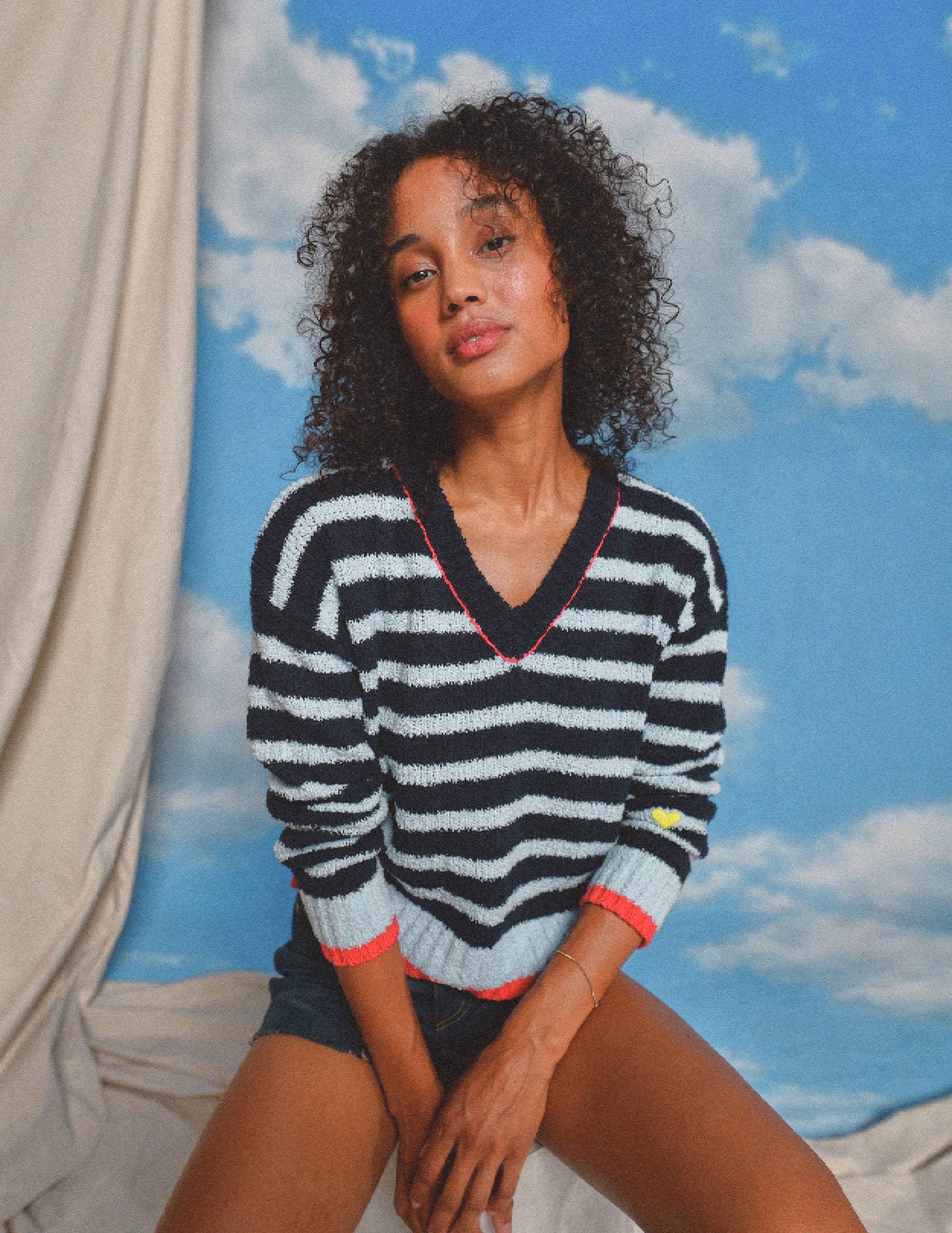 Sundry Striped V-Neck Sweater - Heart Embroidery