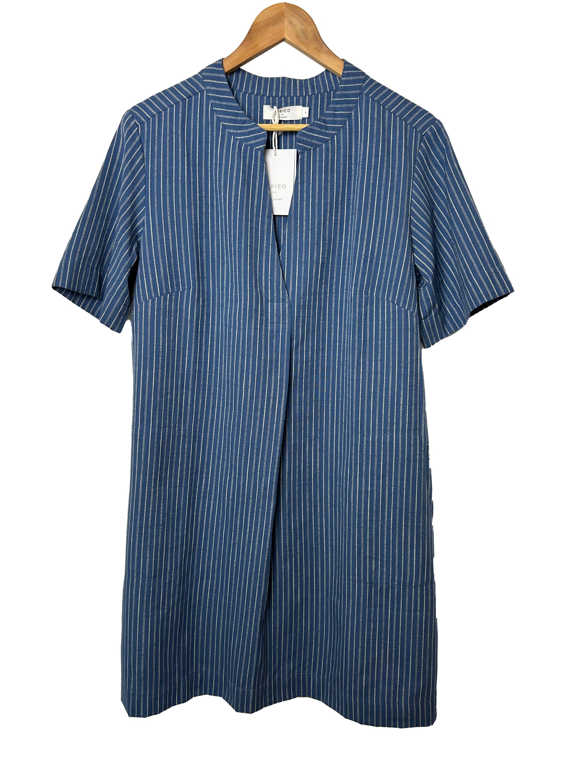 BIBICO Wren Pull on Dress in Cotton and Linen Stripe