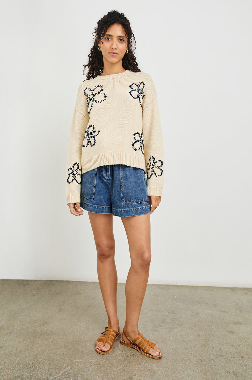 Rails Zoey Sweater in Ivory Navy Stitched Daisies