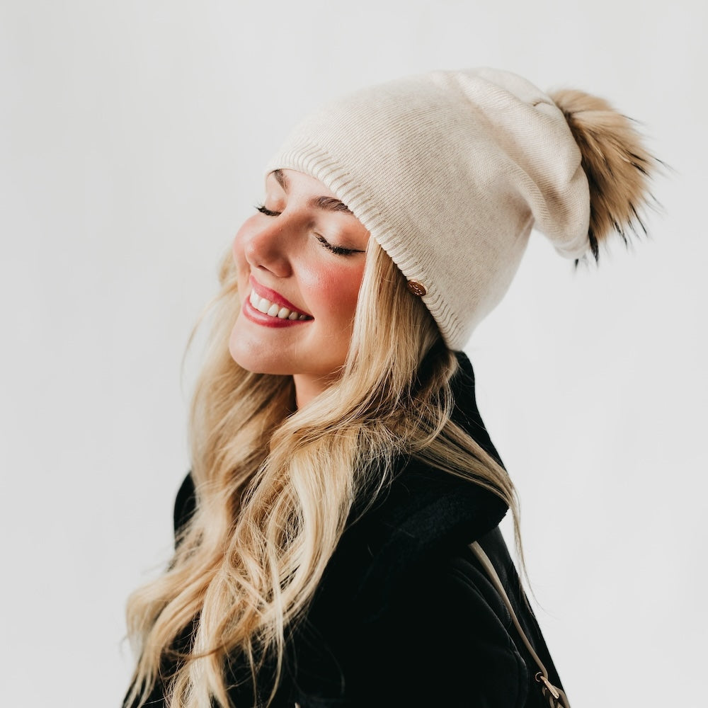 Pretty Simple Fine Knit Fur Pom Slouchy Beanie in Cream