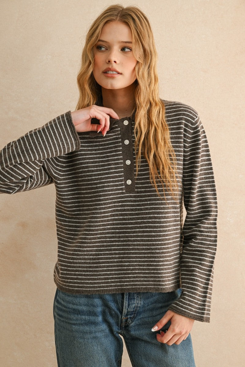 NYLAND Striped LS w/ Collar Knit Top Brown white