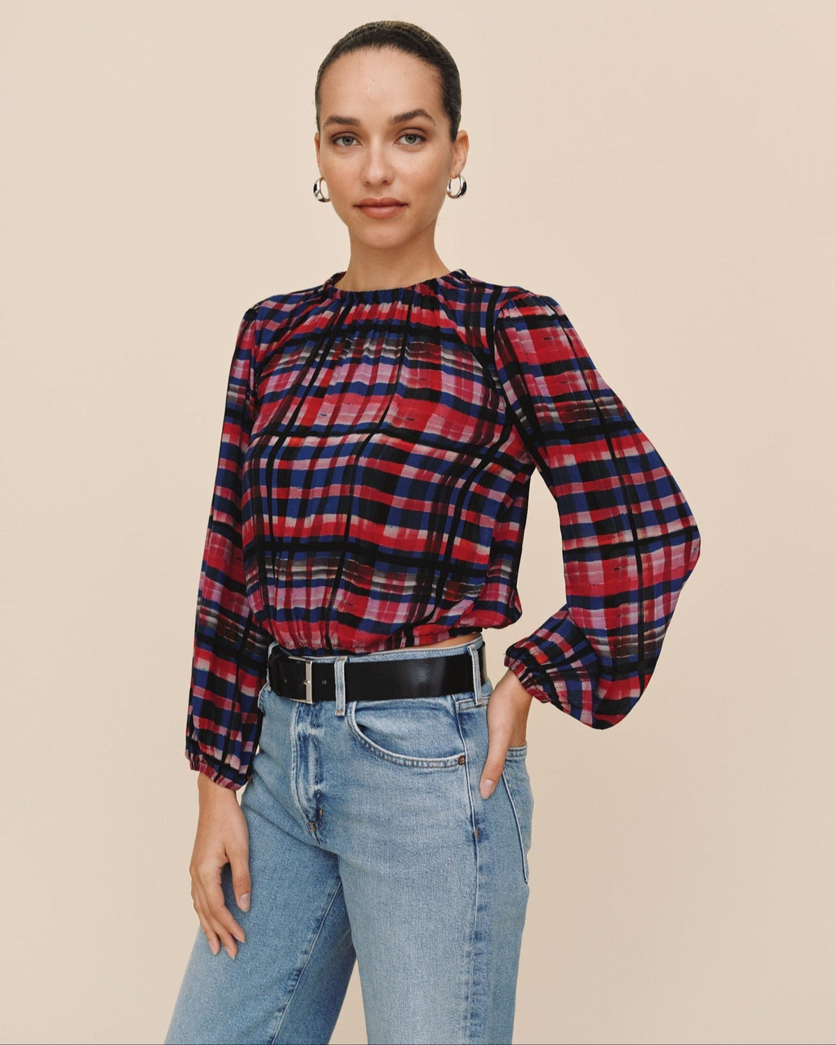 Bella Dahl Elastic Shirred Top in Winter Plaid Print