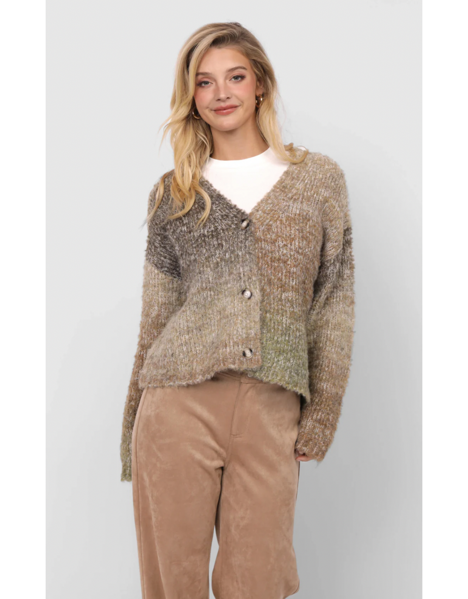 Sadie & Sage Smiley Ombre Fuzzy Knit Cardigan Olive Brown