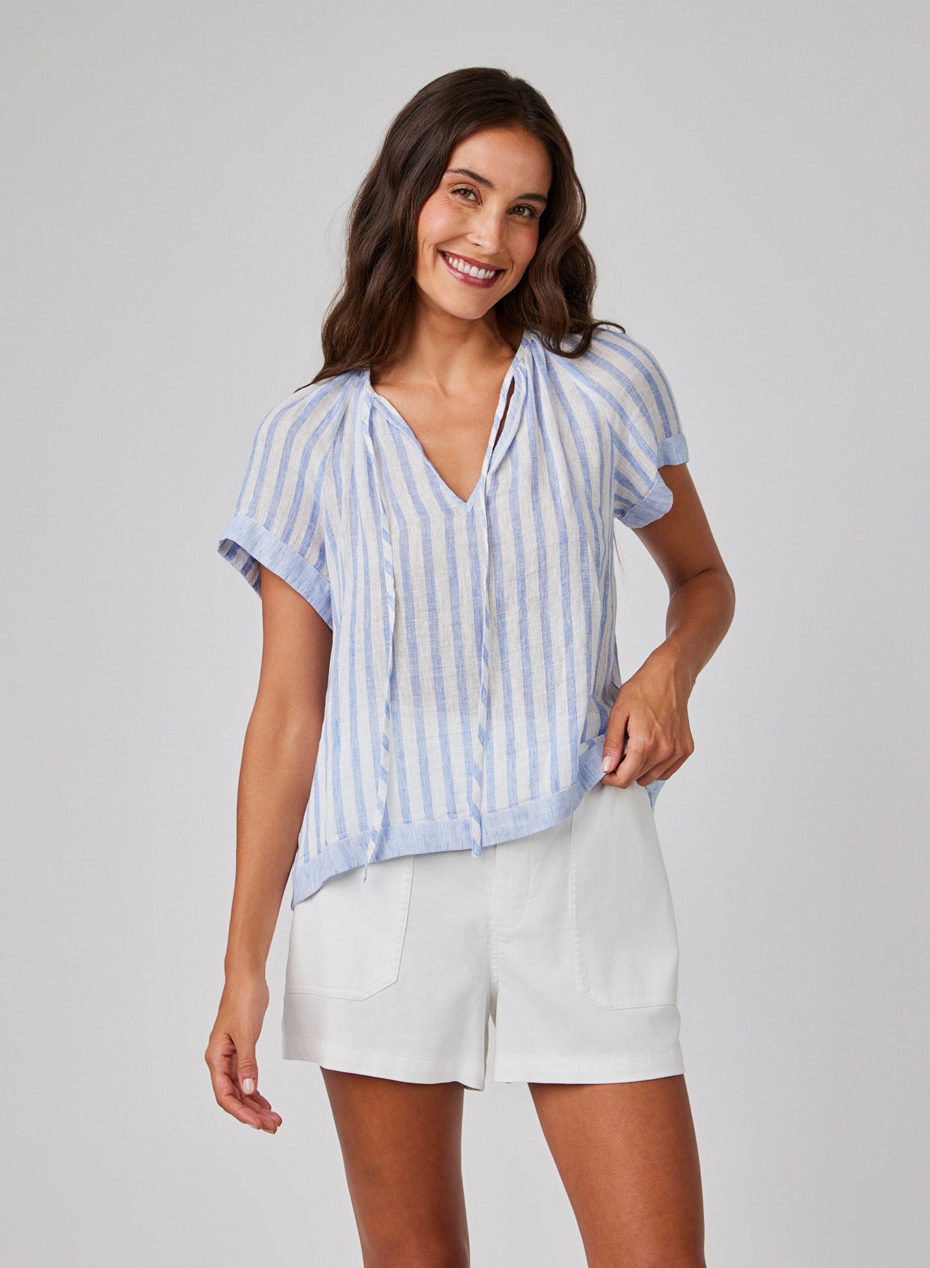 Bella Dahl Short Sleeve Flowy Raglan Top Blue SKy Stripe