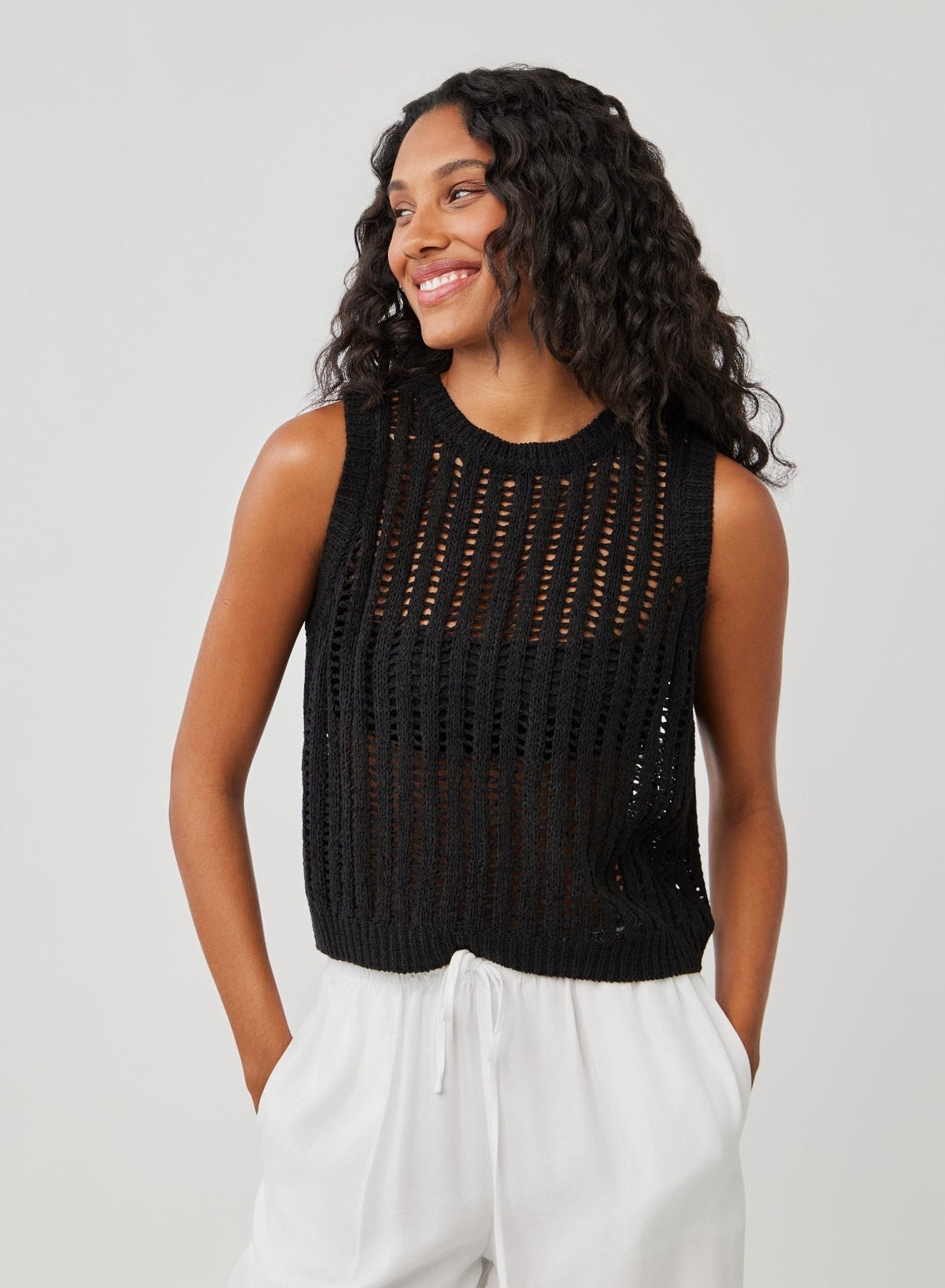 Bella Dahl Sleeveless Open Knit Sweater Vest Black