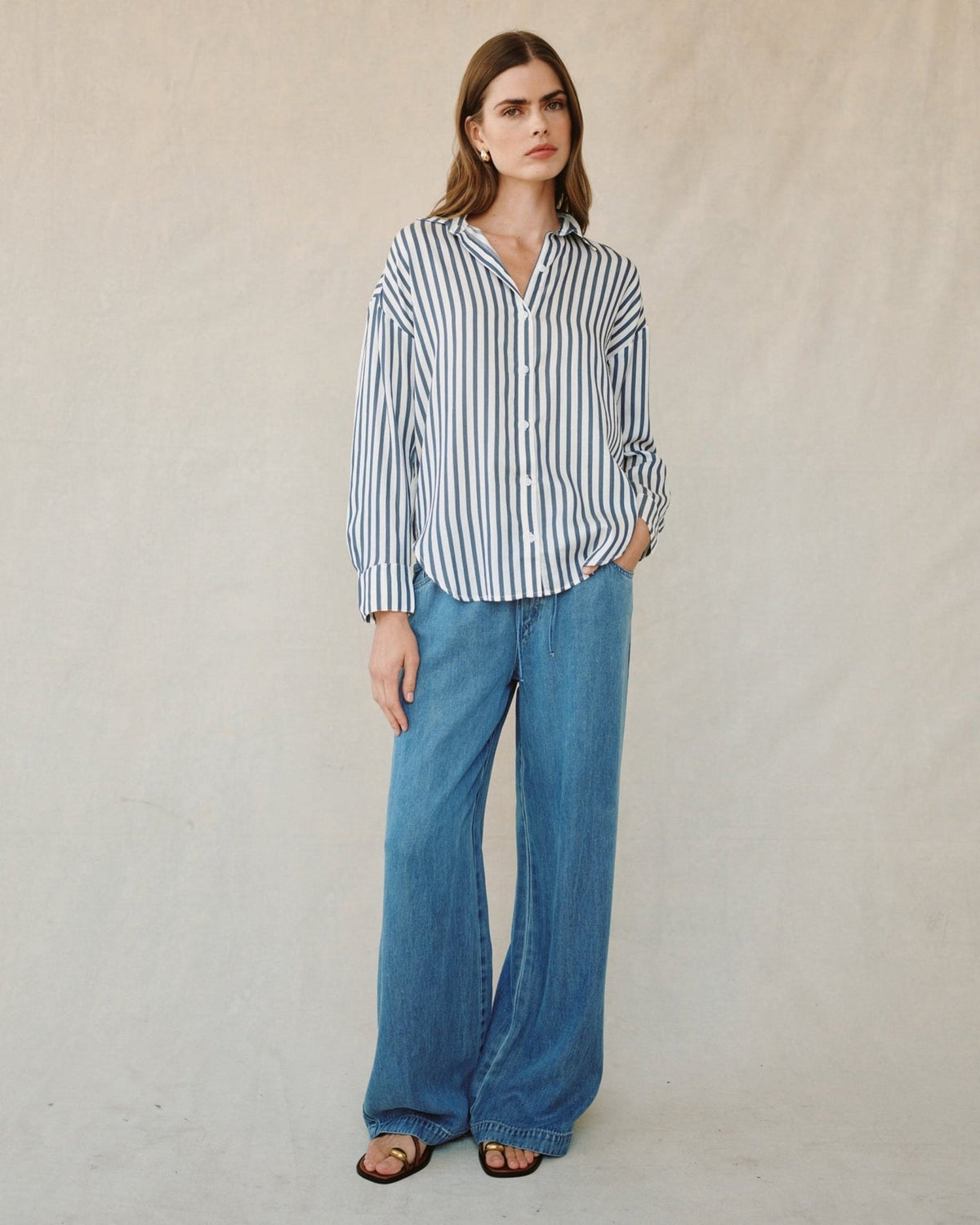 Bella Dahl Oversized Button Down Denim Blue Stripe
