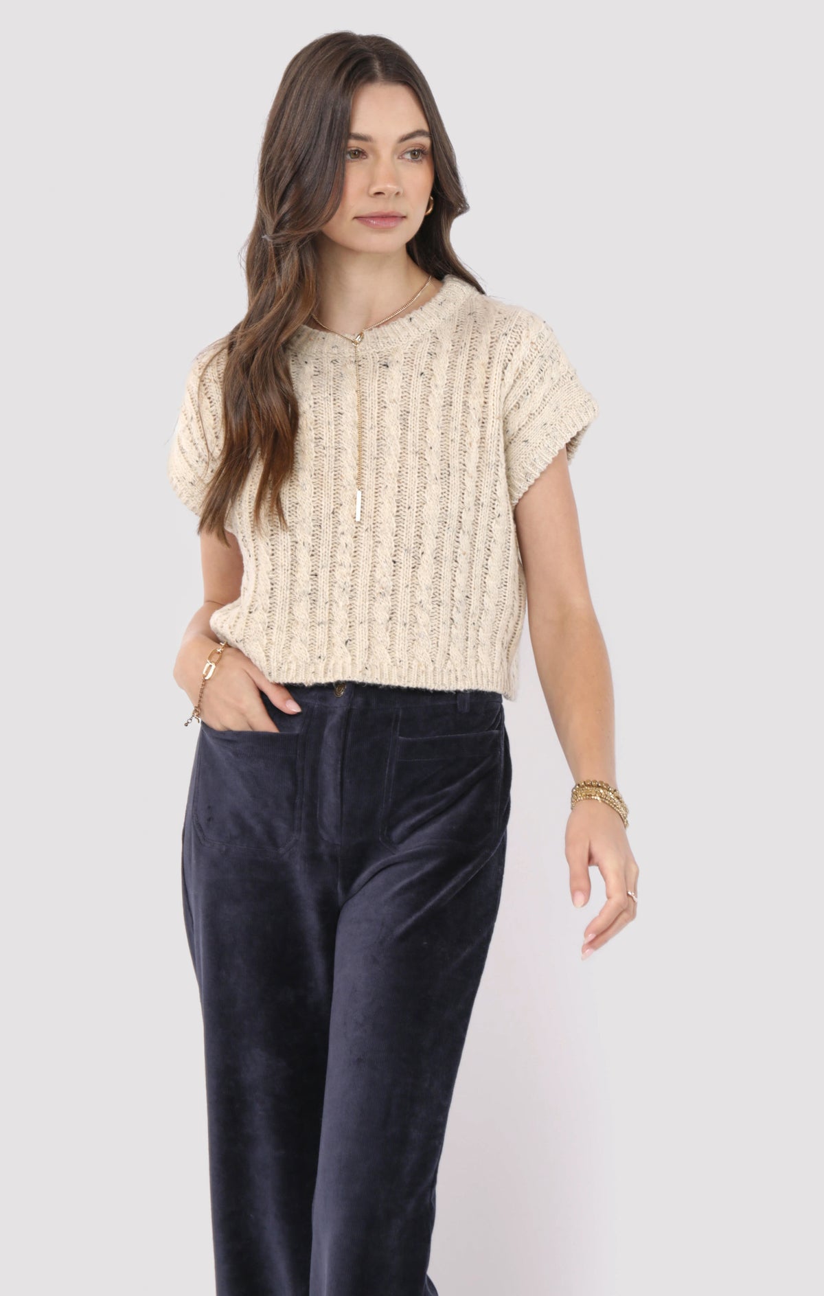 Sadie &amp; Sage Effortless Cable Knit Sweater Tank Oatmeal Melange