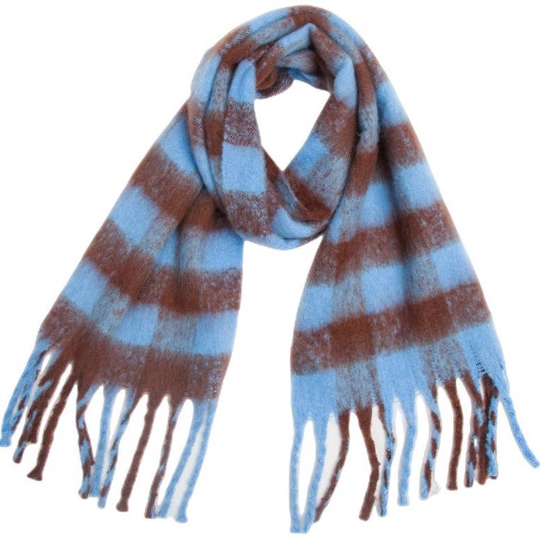 Dipped Shop Plaid Contrast Color Tassel Scarf Blue Brown