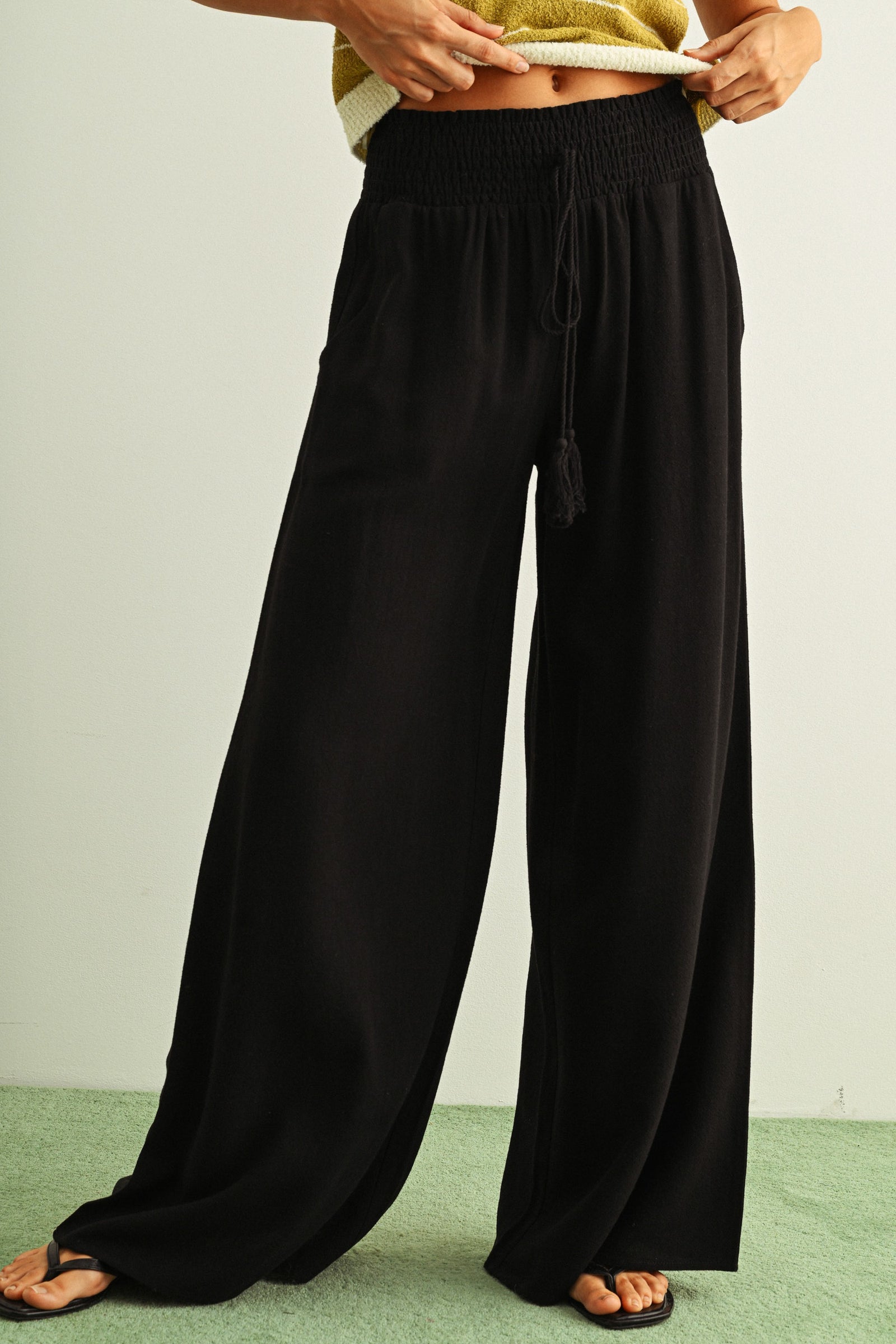 NYLAND Suvi Linen Smocked Waist Pants with Tassel